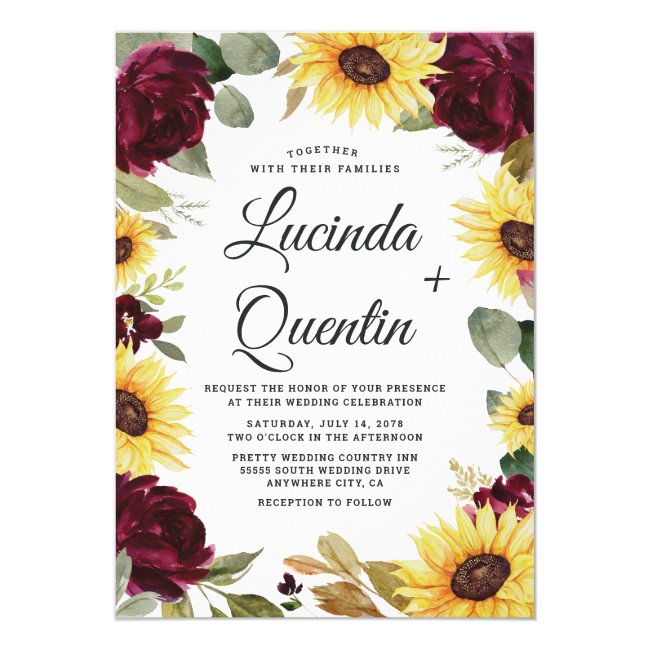 Sunflowers and Roses Burgundy Red Rustic Wedding Invitation