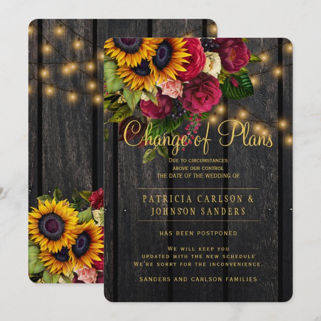 Sunflowers and roses fall wedding change of plans invitation (Front/Back)