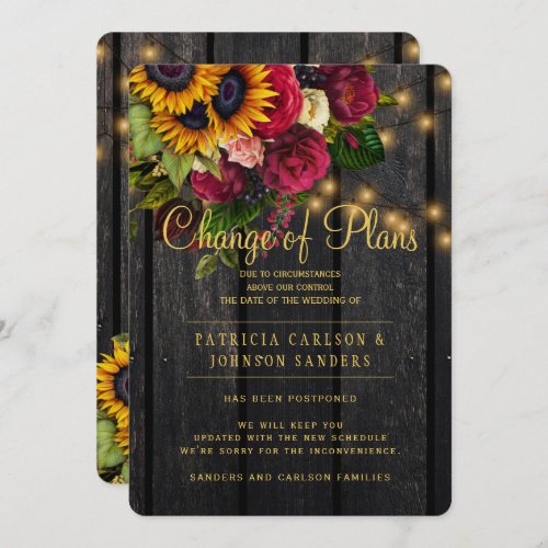 Sunflowers and roses fall wedding change of plans invitation