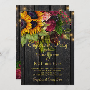 Sunflowers and roses rustic barn wood engagement invitation