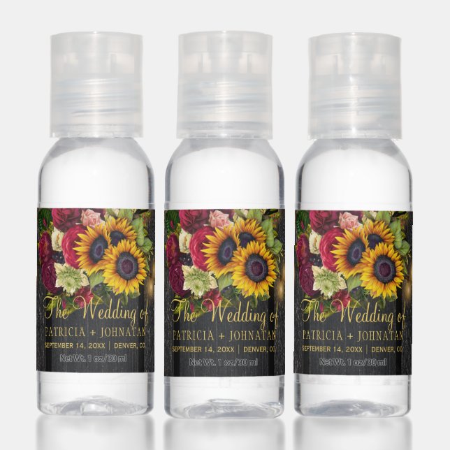 Sunflowers and roses rustic burgundy wood wedding hand sanitizer (Set)