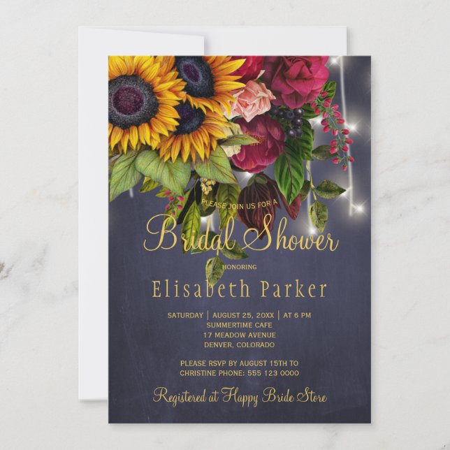 Sunflowers and roses rustic navy bridal shower invitation (Front)