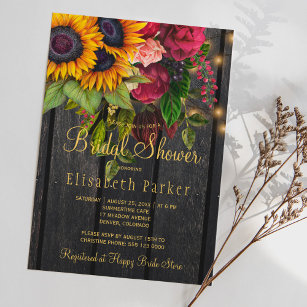 Sunflowers and roses rustic wood bridal shower invitation