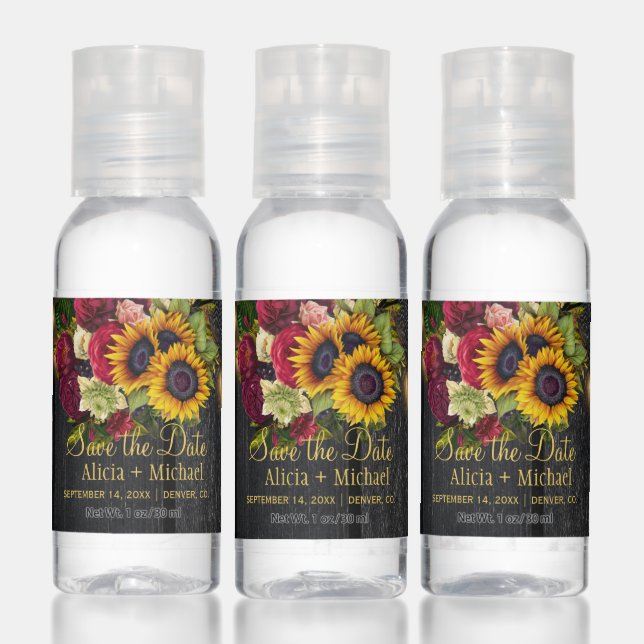 Sunflowers and roses rustic wood wedding save date hand sanitizer (Set)
