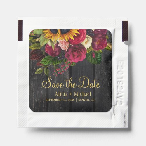 Sunflowers and roses rustic wood wedding save date hand sanitizer packet