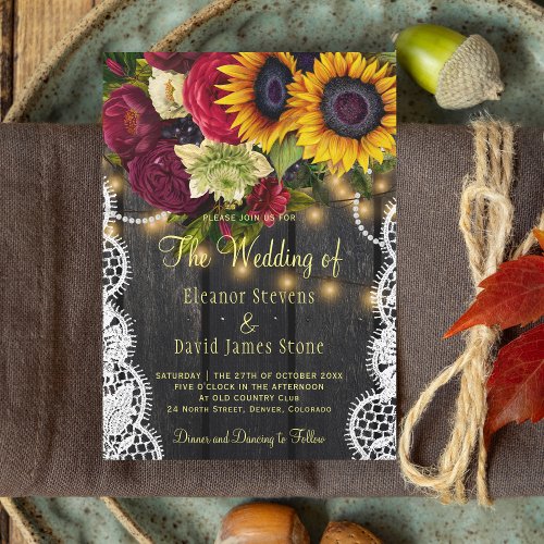 Sunflowers and roses vintage rustic wood wedding invitation