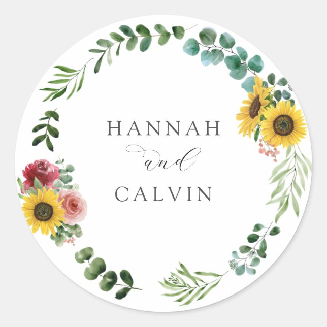 Sunflowers and Roses Wedding Classic Round Sticker (Front)