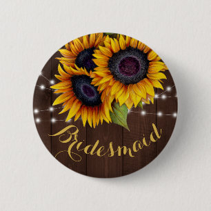 Sunflowers and string lights barn wood bridesmaid button
