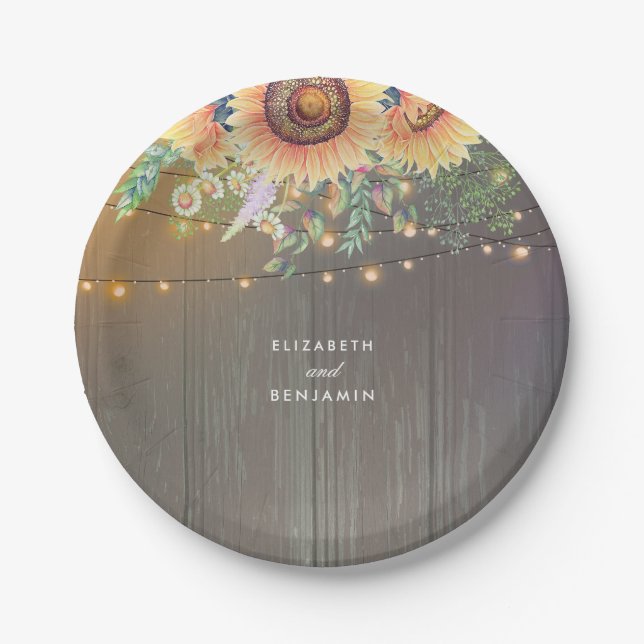 Sunflowers and String Lights Rustic Country Barn Paper Plates (Front)