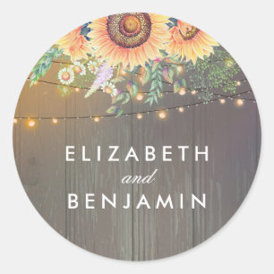 Sunflowers and String Lights Rustic Wood Barn Classic Round Sticker