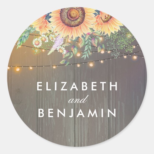 Sunflowers and String Lights Rustic Wood Barn Classic Round Sticker (Front)