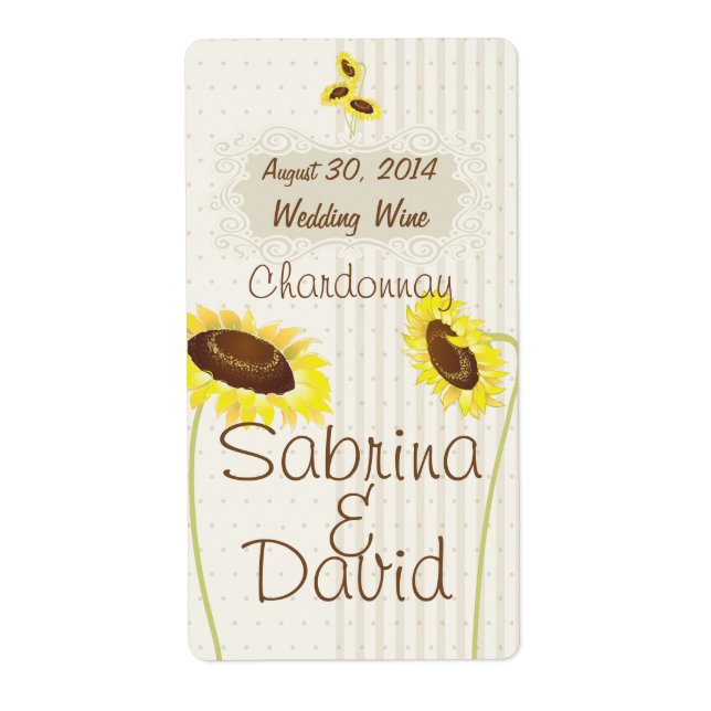Sunflowers And Stripes Wedding Wine Label (Front)