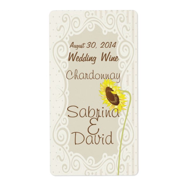 Sunflowers And Stripes Wedding Wine Label (Front)