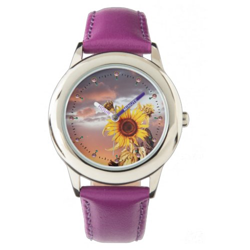 SUNFLOWERS AND SUMMER SUNSET PINK CLOUDS AND GEMS WATCH