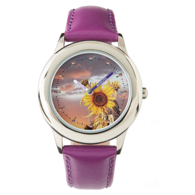 SUNFLOWERS AND SUMMER SUNSET, PINK CLOUDS AND GEMS WATCH (Front)