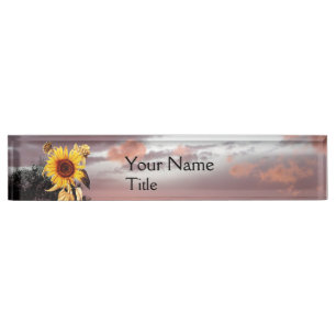 SUNFLOWERS AND SUMMER SUNSET WITH PINK CLOUDS NAMEPLATE