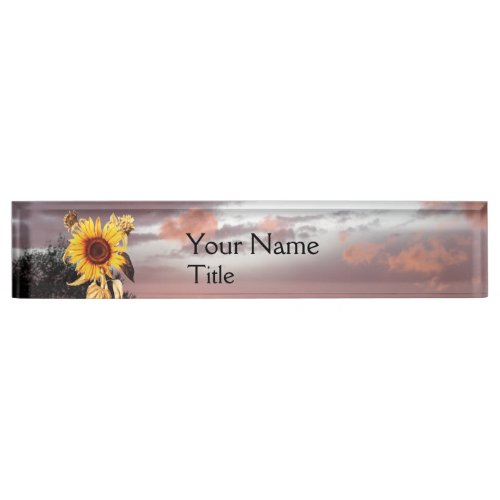 SUNFLOWERS AND SUMMER SUNSET WITH PINK CLOUDS NAMEPLATE