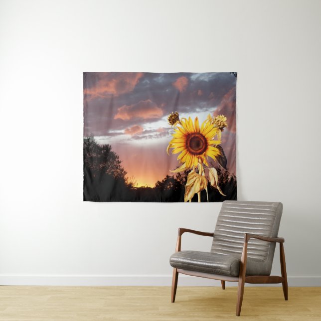 SUNFLOWERS AND SUMMER SUNSET WITH PINK CLOUDS TAPESTRY (In Situ (Horizontal))