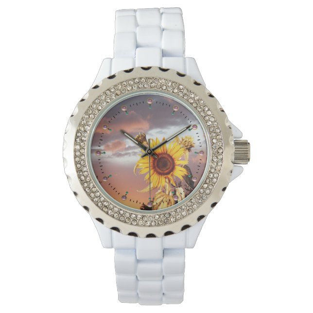 SUNFLOWERS AND SUMMER SUNSET WITH PINK CLOUDS WATCH (Front)