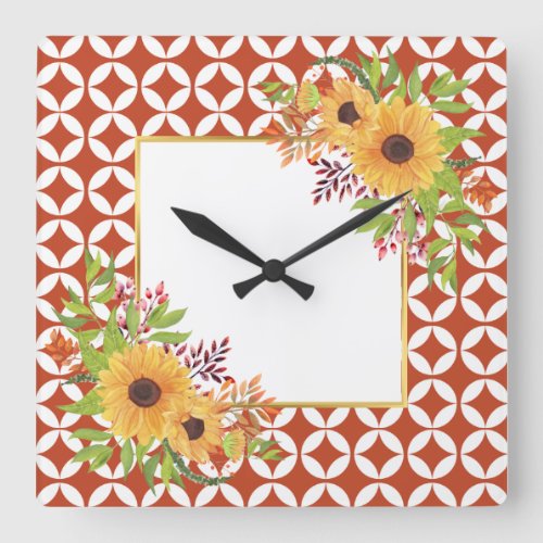 Sunflowers and terracotta geometric pattern  square wall clock