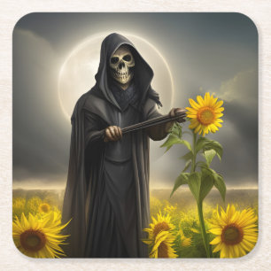 Sunflowers and the Grim Reaper Square Paper Coaster