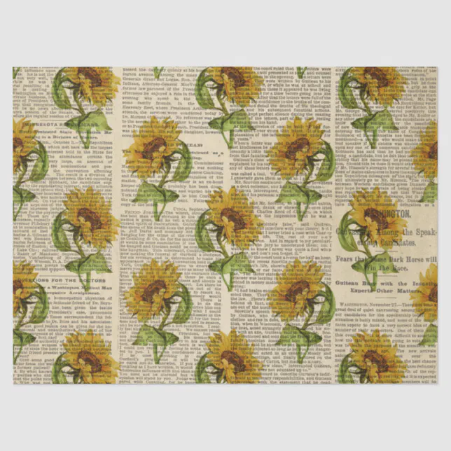 Sunflowers and Vintage Newsprint Decoupage Tissue Paper | Zazzle