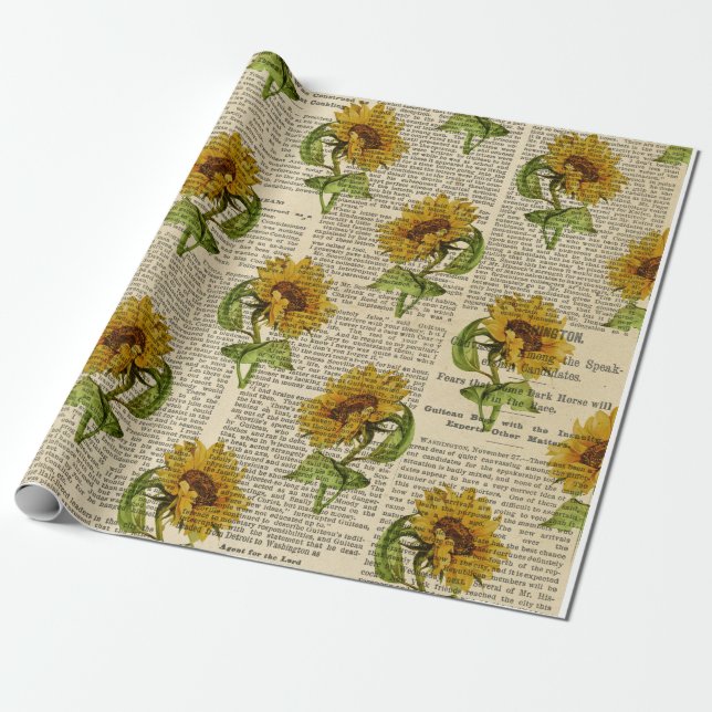 Sunflowers and Vintage Newsprint Wrapping Paper (Unrolled)