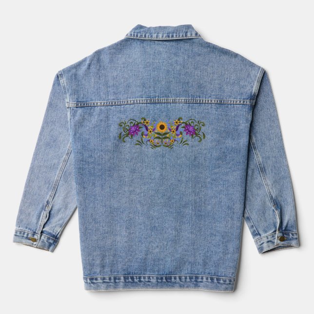 Sunflowers and Violets Boho Floral Border Denim Jacket (Back)