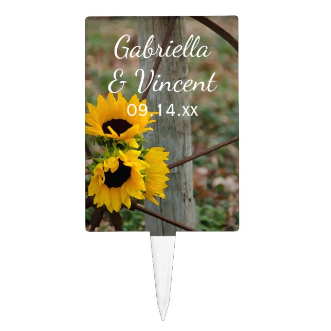 Sunflowers and Wagon Wheel Country Western Wedding Cake Topper (Front)