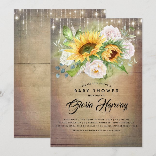 Sunflowers and White Roses Rustic Baby Shower Invitation (Front/Back)
