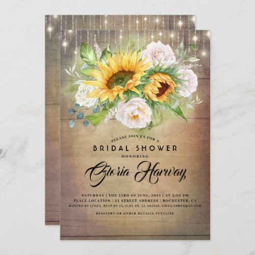 Sunflowers and White Roses Rustic Bridal Shower Invitation