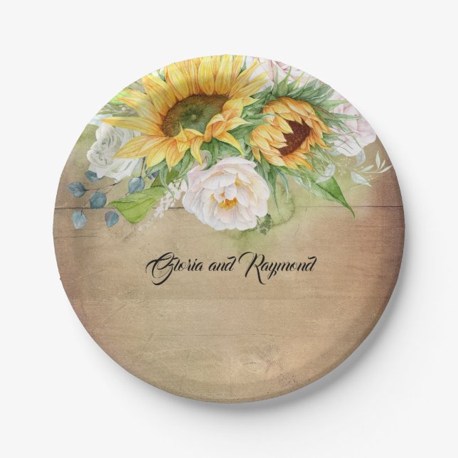Sunflowers and White Roses Rustic Fall Paper Plates (Front)