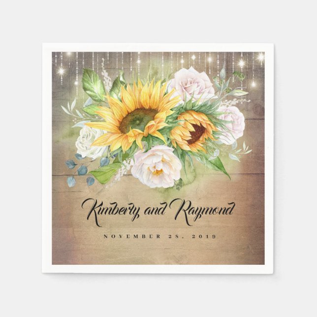 Sunflowers and White Roses Rustic Fall Wedding Napkins (Front)