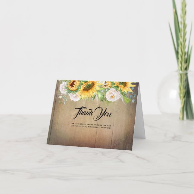 Sunflowers and White Roses Wedding Thank You Card (Front)