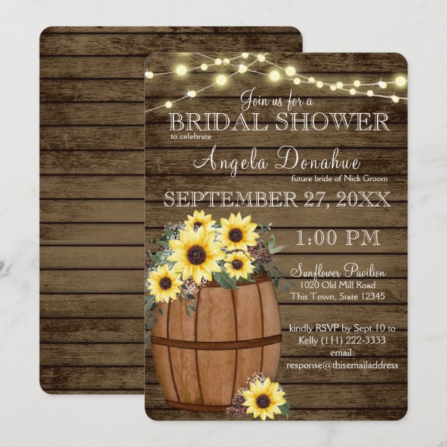 Sunflowers and Wine Barrel Rustic Bridal Shower Invitation (Front/Back)