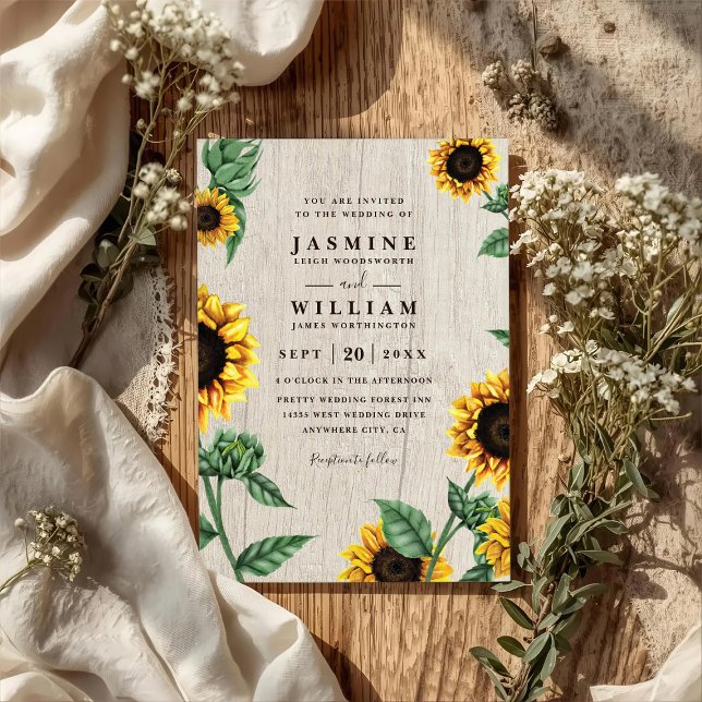 Sunflowers And Wood Rustic Country QR Code Wedding Invitation (Creator Uploaded)