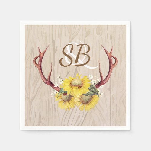 Sunflowers Antlers Rustic Country Wooden Wedding Paper Napkins - Sunflowers and deer antlers rustic country barn wedding paper napkins
