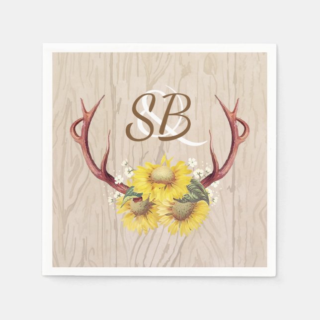 Sunflowers Antlers Rustic Country Wooden Wedding Paper Napkins (Front)