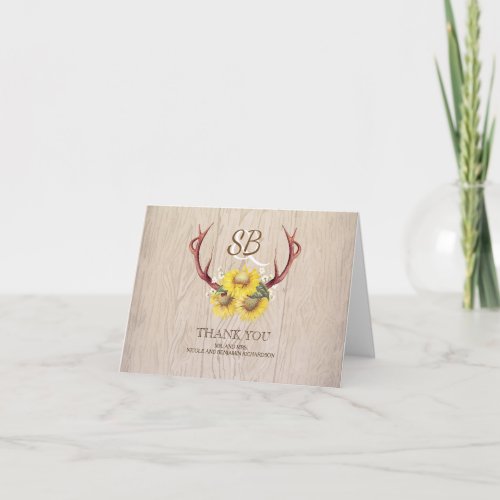 Sunflowers Antlers Rustic Wood Wedding Thank You - Rustic country wedding thank you cards with the beautiful sunflower blossoms and deer antlers
