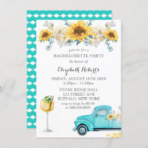 Sunflowers Aqua Vintage Truck Bachelorette Party Invitation