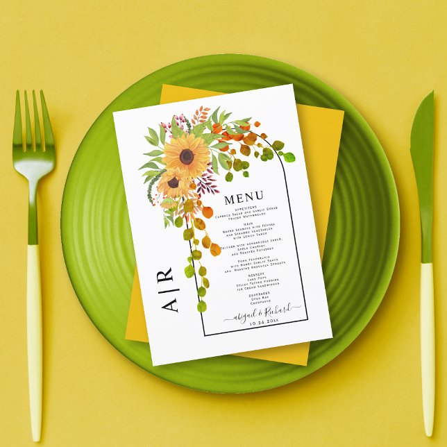 Sunflowers, arch and monogram fall wedding menu (Creator Uploaded)