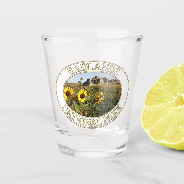 Sunflowers at Badlands National Park in SD Shot Glass (Front)