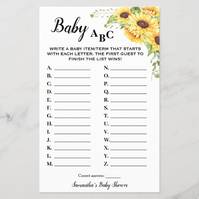 Sunflowers Baby ABC Baby Shower Game Card Flyer (Front)