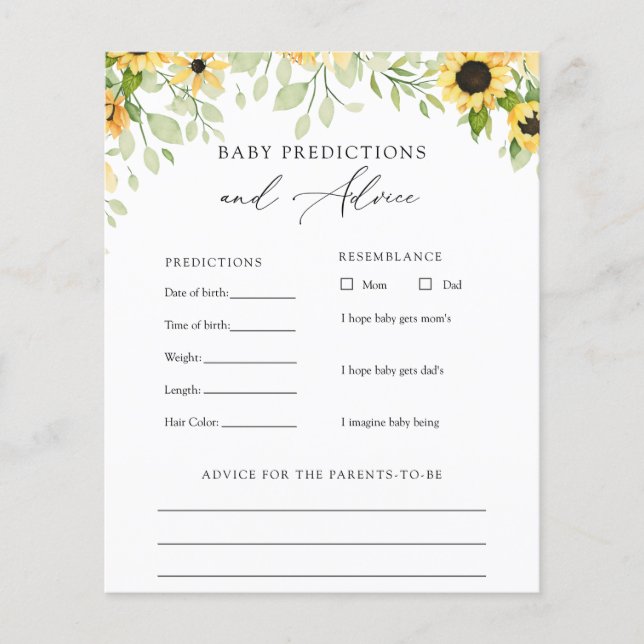 Sunflowers Baby Advice and Predictions Card (Front)