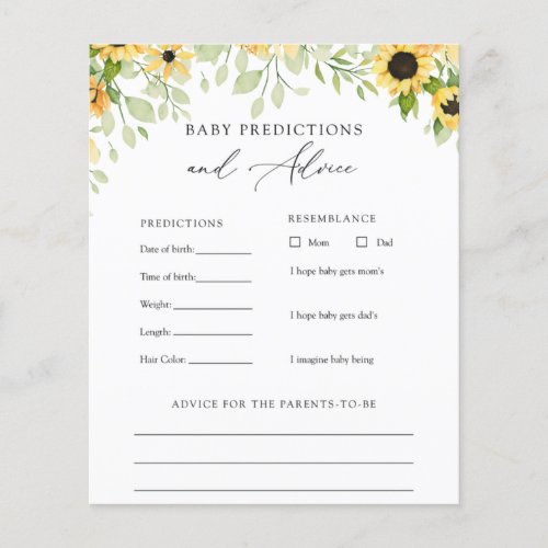 Sunflowers Baby Advice and Predictions Card