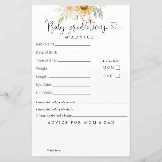 Sunflowers Baby Predictions Advice Card (Front)