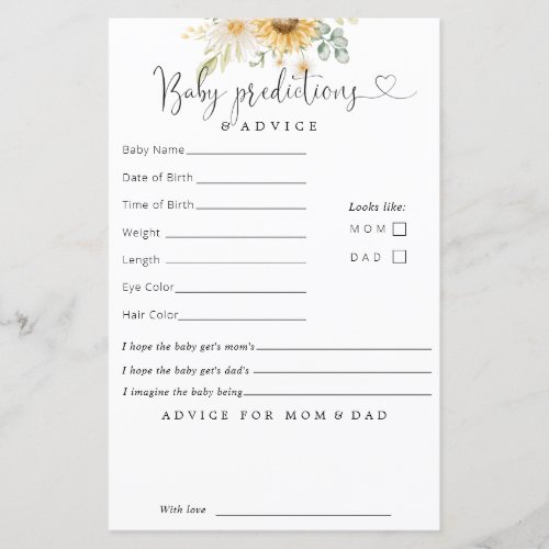 Sunflowers Baby Predictions Advice Card