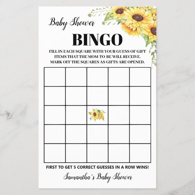 Sunflowers Baby Shower Bingo Game Card Flyer (Front)