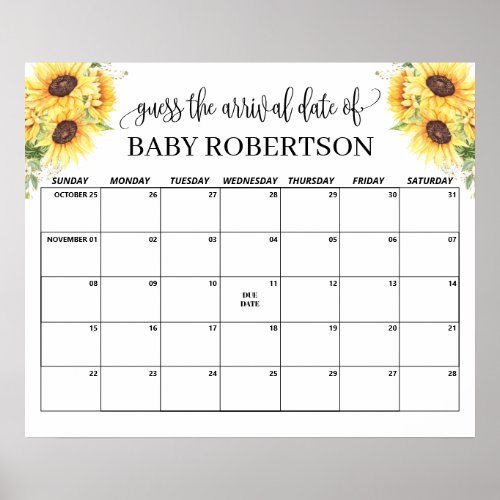 Sunflowers Baby Shower Guess Due Date Calendar Poster