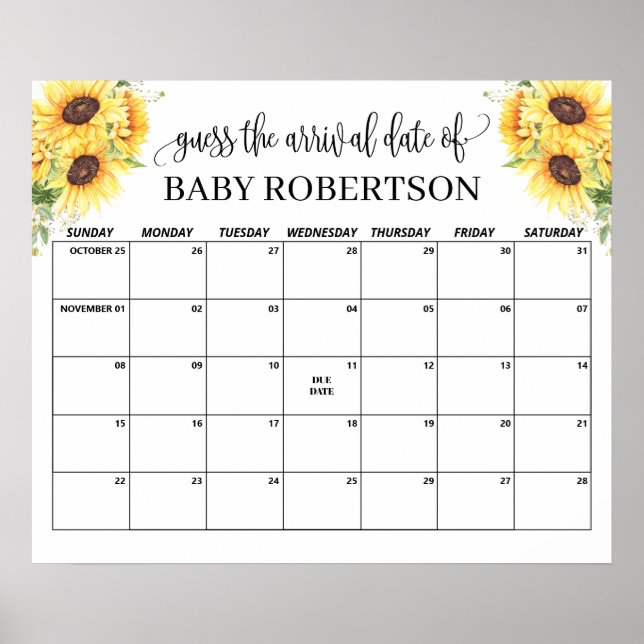 Sunflowers Baby Shower Guess Due Date Calendar Poster (Front)